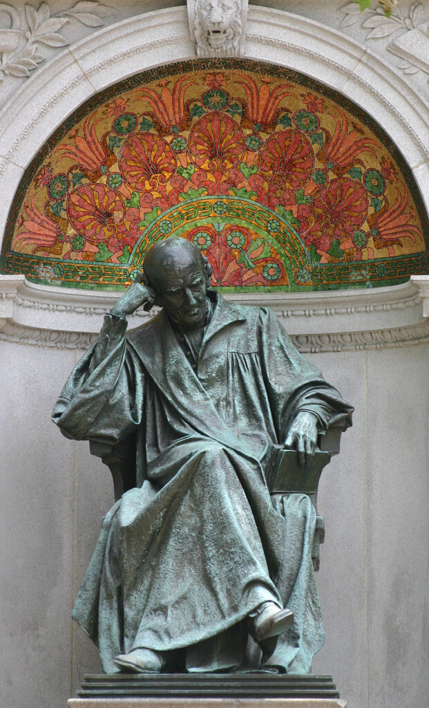 Samuel-Hahnemann-Denkmal am Scott Circle in Washington, D.C., USA – Die lebensgroße Bronzeskulptur und das dazugehörige Mosaik wurden von Charles Henry Niehaus (1855–1935) geschaffen, einem in Ohio geborenen Künstler deutscher Abstammung und Absolventen der Königlichen Akademie in München. Das Denkmal wurde am 21. Juni 1900 eingeweiht und am 21. Juni 2000 vom American Institute of Homeopathy erneut gewürdigt. Bild: dbking - flickr